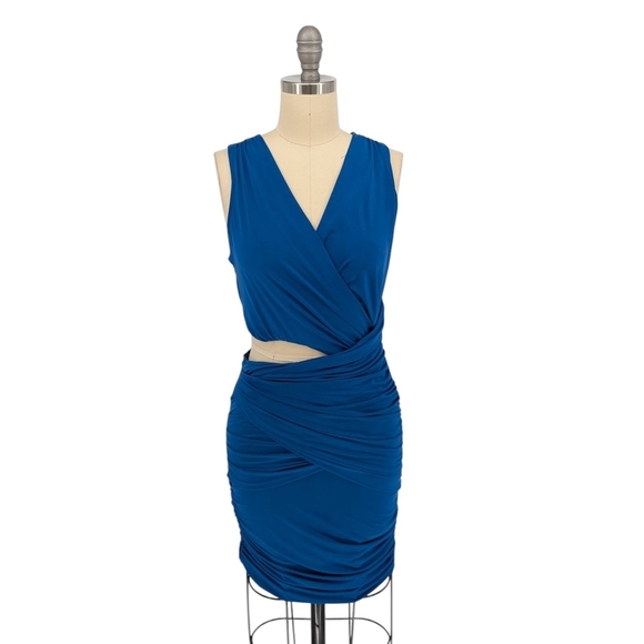 01477 Bebe Surplice Cutout Waist Bodycon Dress Blue Size Small party cocktail - Picture 1 of 8